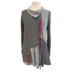 Moonlight Asymmetrical Long Sleeve Polka Dot & Gingham Tunic Top With Red Accent